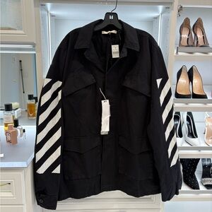 Off-White Black Military Shirt Jacket with White Diagonal Stripes